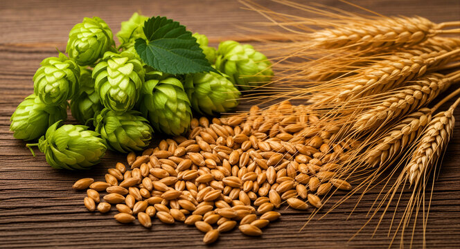 Fresh green hop cones and golden wheat ears with barley grains on a wooden table. Essential raw materials for traditional craft beer brewing. Natural brewing ingredients concept.