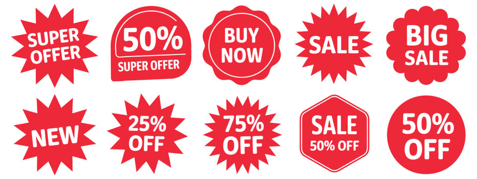 Realistic red promotional sale stickers, discount price tags, starburst badges, special offer labels, quality marks, sale icons vector illustration set