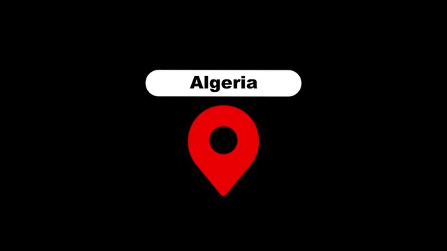 Algeria map location pin animation, gps navigation marker travel and tourism concept, isolated on black background