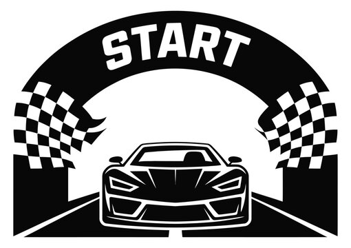 Racing car start line icon vector, simple silhouette of fast car launching from starting line with motion lines and flag symbols for competition sport transportation and high performance 