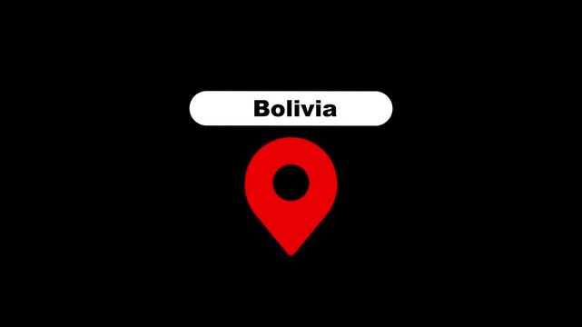 Bolivia map location pin animation, travel destination marker on black background