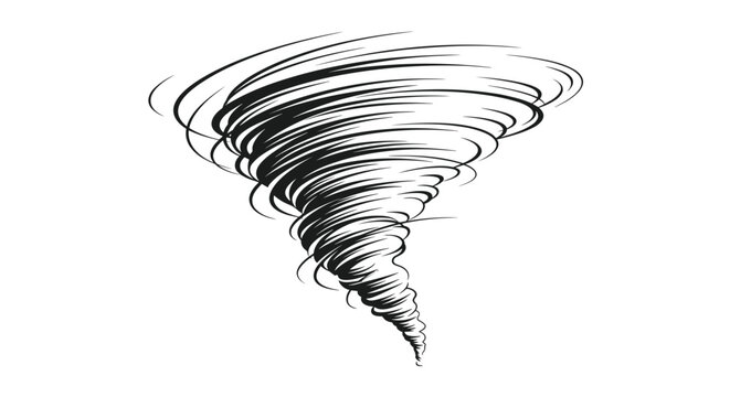 Dynamic black and white illustration of a powerful tornado or whirlwind spinning against a white background.