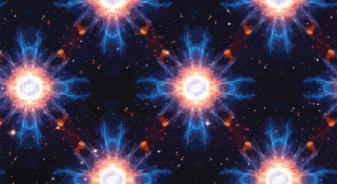 Vibrant cosmic pattern with glowing stars and celestial bodies in space