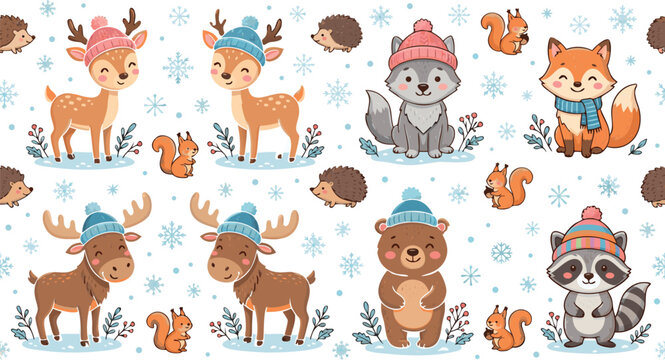 Adorable Winter Woodland Animal Illustration Set Featuring Deer Fox Bear and Raccoon in Cozy Knitted Hats and Scarves