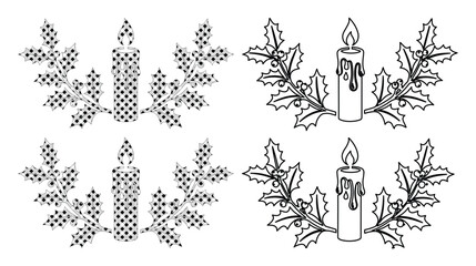 Vintage Christmas candle vector set, traditional holly berry wreath illustrations, black and white holiday candle icons for seasonal greeting cards © Asma