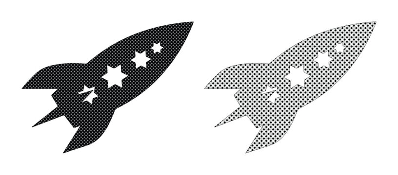 Retro rocket ship icons with stars, vintage spaceship silhouettes in black and halftone patterns, flat vector space travel symbols for startup branding