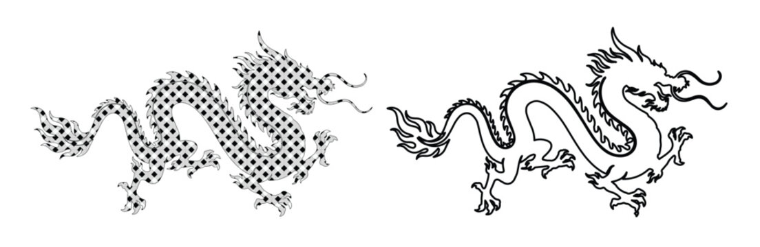 Traditional Chinese dragon vector set, black and white oriental dragon silhouettes, mythical creature line art with halftone pattern texture