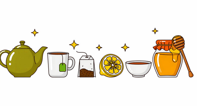 Tea set illustration with teapot, mug, honey jar, and lemon. Flat vector design featuring tea bag and honey dipper on white. Ideal for wellness blogs and breakfast menu graphic design.