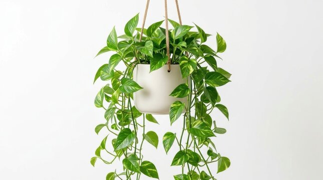 Lush green pothos hanging plant in white ceramic pot, trailing devil's ivy indoor houseplant, minimalist home decor greenery on white background