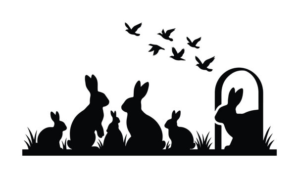 Black rabbit silhouette family in garden, cute bunny silhouettes with flying birds and grass, spring nature animal vector illustration for laser cutting