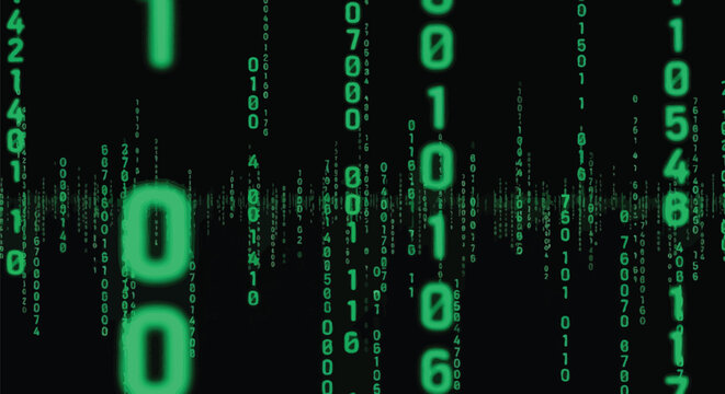 Green binary code on black background with glowing numbers