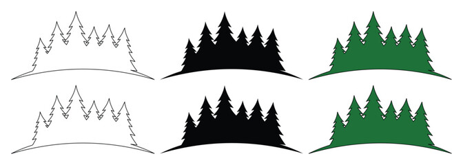 Minimalist pine forest silhouette set, evergreen tree line vector icons, black and green coniferous woodland graphics for outdoor branding and logos © Asma