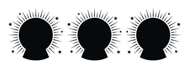 Mystical crystal ball silhouettes with glowing rays and stars, set of 3 magic fortune teller icons, celestial occult vector elements for divination © Asma