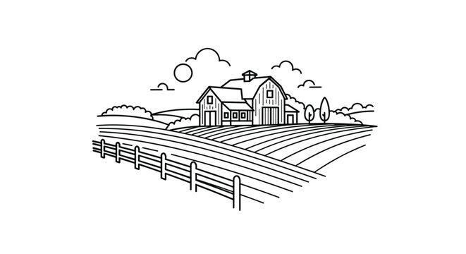 Simple black and white line art illustration of a peaceful farm landscape with a barn, fields, trees, and a sun in the sky behind clouds.