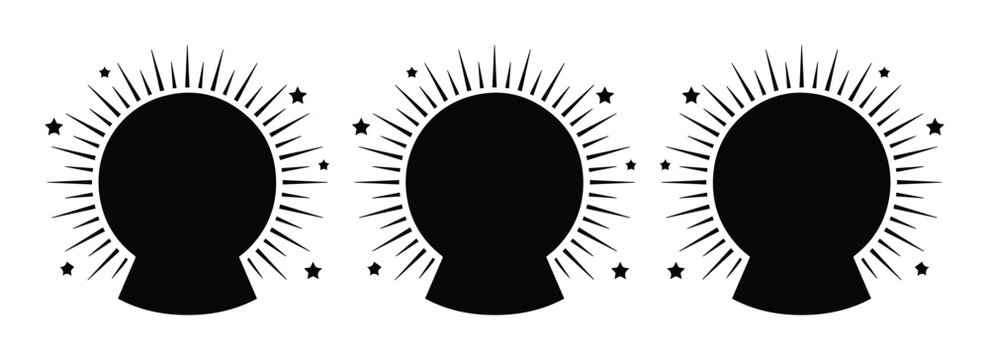 Mystical crystal ball silhouettes with glowing rays and stars, set of 3 magic fortune teller icons, celestial occult vector elements for divination
