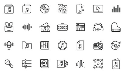 Music vector icons set made with black thin lines. This includes Music, Radio, Volume, Speaker, Microphone, Headphones, Musical note, Phone and much more. Linear icon collection. Vector illustration. © Anujit