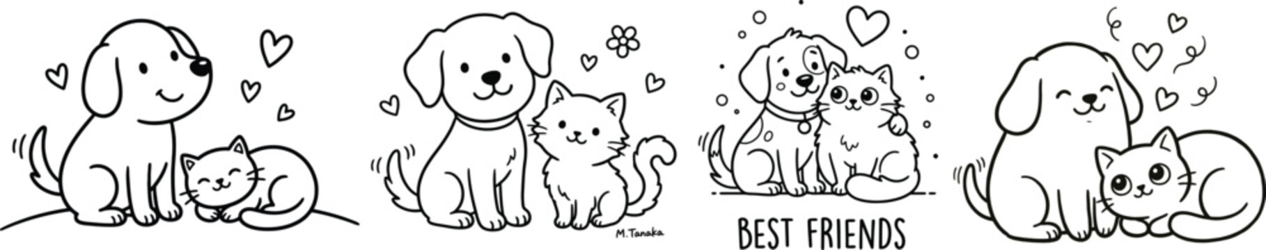 Cute puppy and kitten best friends cartoon character set outline drawing