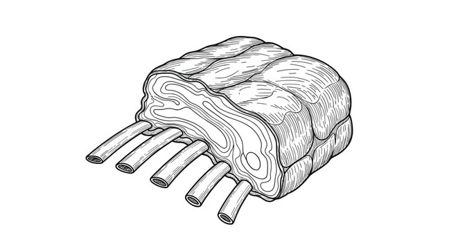 Detailed engraving style illustration of a raw rack of lamb showing the ribs and meat texture for gourmet food menu design.