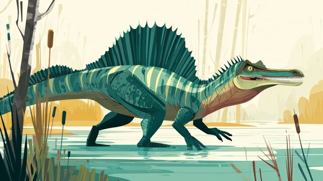Green spinosaurus dinosaur walking through tropical light