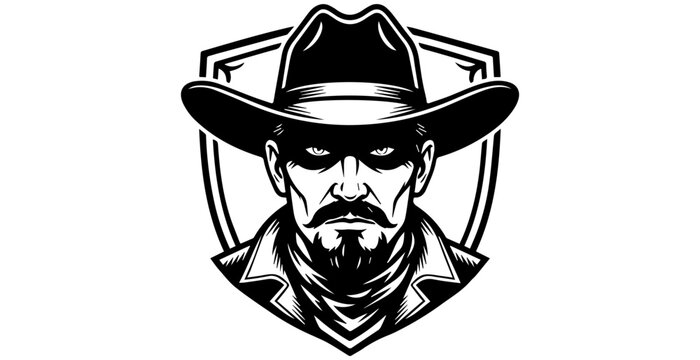 Vintage Cowboy Mascot Logo with Shield - Black and White Vector Illustration of a Rugged Western Outlaw