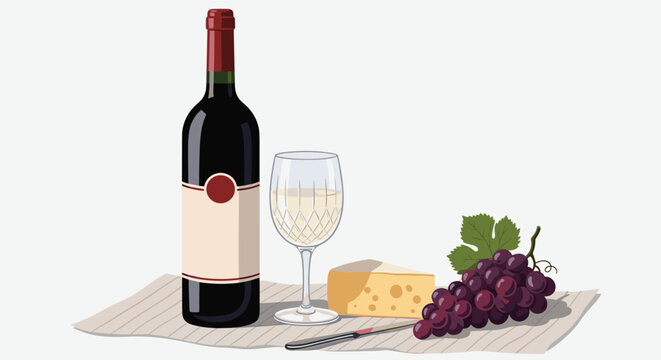 Still life illustration of a red wine bottle, a glass of white wine, a wedge of cheese, and a bunch of grapes on a mat.