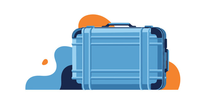 Sturdy blue hard-shell suitcase or equipment case with black corners isolated against a colorful abstract background.