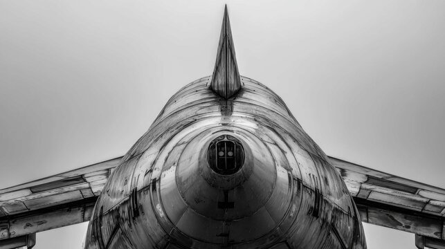 Close-up view of the rear stabilizer fin of an aged metallic airplane, showcasing intricate details and vintage aviation design.