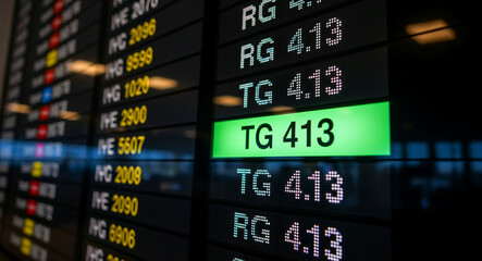 Fototapeta premium Airport departure board displaying flight information with a green highlight. Digital schedule showing flight numbers in a terminal. Travel planning concept for logistics and tourism marketing.