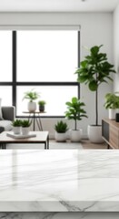 Fototapeta premium Bright Living Room with Plants and Marble Countertop.