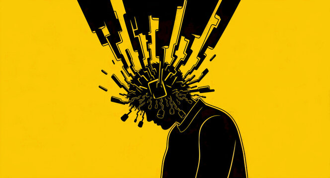 Man with head exploding into geometric shapes on yellow background. Illustration depicting mental overload and stress. Ideal for mental health awareness and burnout prevention campaigns.