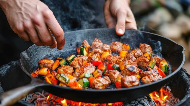 A heavy cast iron pan or a makeshift metal sheet is buried in the hot ashes and embers of an outdoor fire