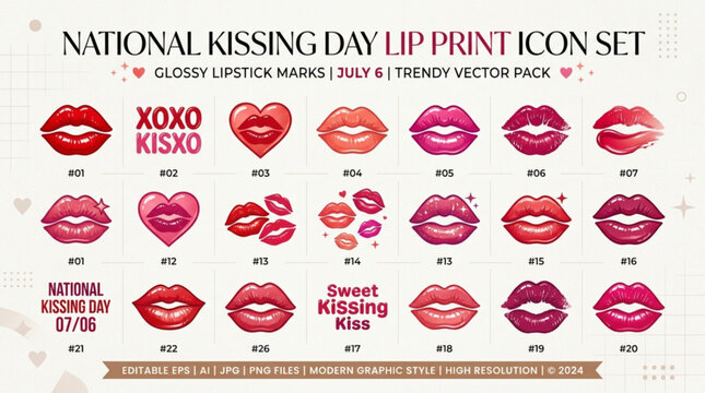 National kissing day lip print icon set glossy lipstick marks vector pack