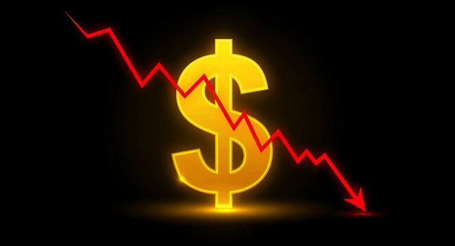 Golden dollar sign with a red arrow pointing down against a black background. Financial market crash and economic decline visualization. Recession and currency devaluation concept for news.