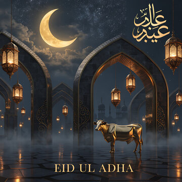 Eid ul adha arabic calligraphy crescent moon bull islamic