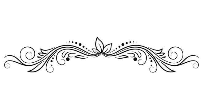 Elegant black line art floral divider or flourish design featuring central leaves and scrolling vines with dots for page decoration.