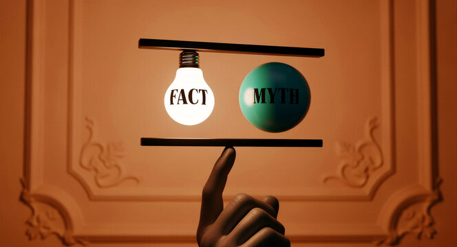 Hand balancing a scale with a glowing FACT lightbulb and a MYTH sphere. Contrasting truth versus fiction in a conceptual 3D render. Business ethics concept, ideal for media literacy campaigns.