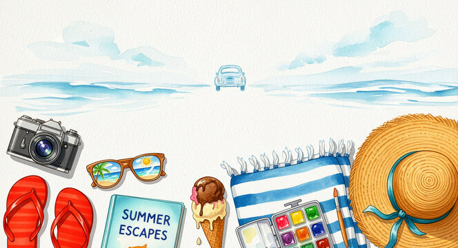 Watercolor illustration of beach essentials and travel accessories. Includes a vintage camera, hat, sunglasses, ice cream and towel. Summer holiday concept for seasonal marketing and leisure design.