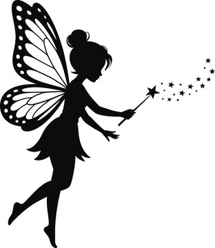 Black silhouette of a fairy with butterfly wings and a wand