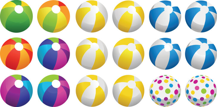 Colorful beach ball vector collection featuring various striped and polka dot inflatable toy designs for summer vacation, pool party, and tropical holiday illustrations