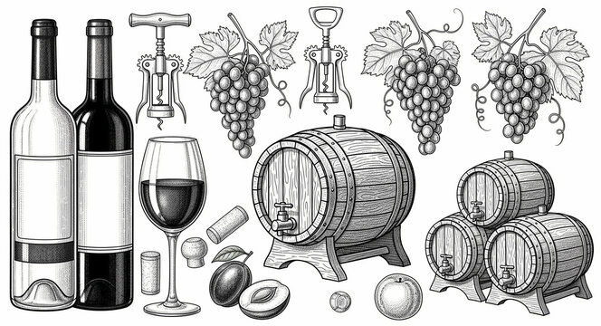 Vintage engraved wine illustrations set featuring bottles, glass, and grapes. Hand-drawn sketches of wooden barrels and corkscrews. Elegant winery design elements ideal for menus and branding.