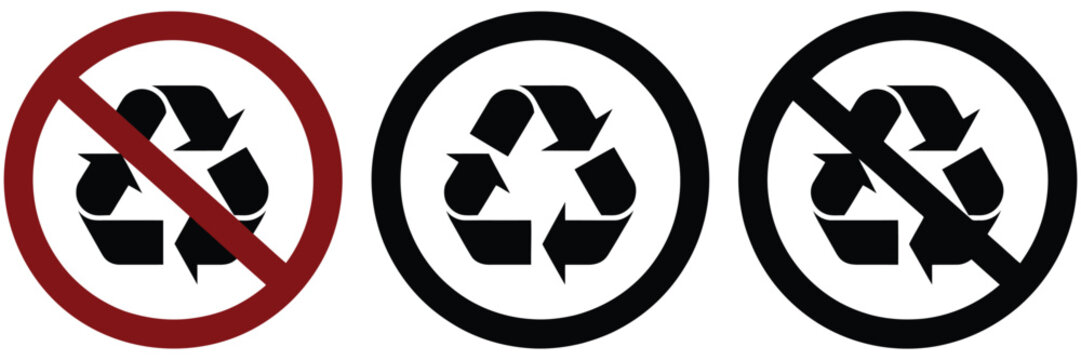 Recycle and no recycling vector icon, not allowed sign on grey background, environmental protection warning symbol for waste sorting restriction sustainability awareness and disposal control 