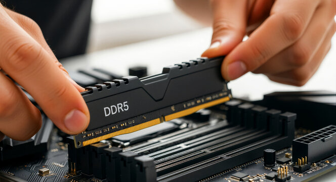 Close-up of hands installing a DDR5 RAM module into a motherboard. Technician upgrading desktop memory for performance. Tech hardware concept for PC building guides and IT repair marketing.