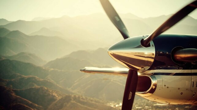 Close up of a vintage twin-engine propeller aircraft engine and wingtip with distant mountainous landscape during golden hour