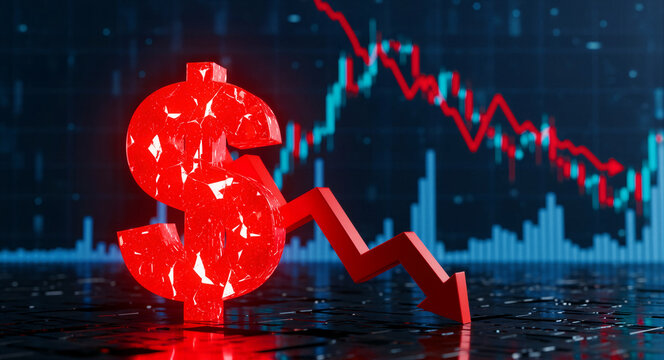Red dollar sign with falling arrow on digital stock market background. Bearish trend indicators show a sharp decline in currency value. Economic crisis concept for financial news and recession.