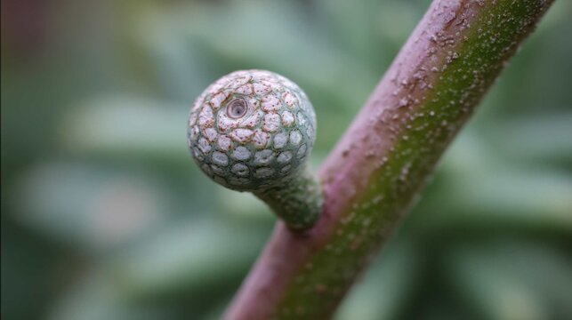 Intriguing scale insect disguised as a small bump on a succulent branch, showcasing remarkable natural camouflage.