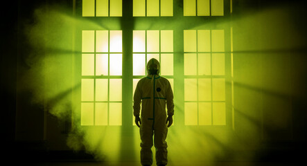 Obraz premium Person in hazmat suit standing in a smokey room with eerie green light. Worker wearing protective gear during a biohazard emergency. Environmental contamination concept for disaster response.