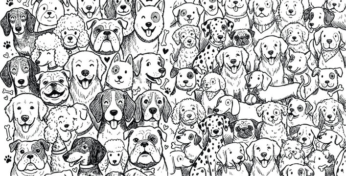 Black and white coloring page pattern featuring many different dog breeds
