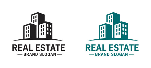 Obraz premium Modern real estate logo design, stylized buildings icon, corporate branding identity, property business vector illustration, architecture company logo set