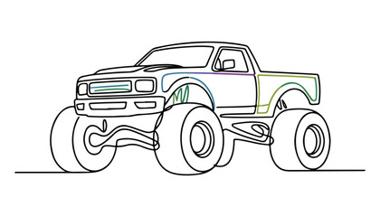 One continuous line illustration of an monster truck , isolated on white background. © line