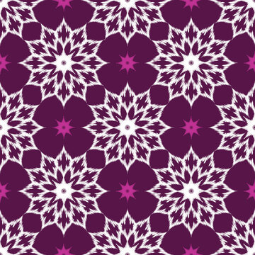 Modern purple seamless pattern featuring geometric floral ikat-inspired shapes with decorative ethnic symmetry. Ideal for fashion textiles and digital backgrounds.